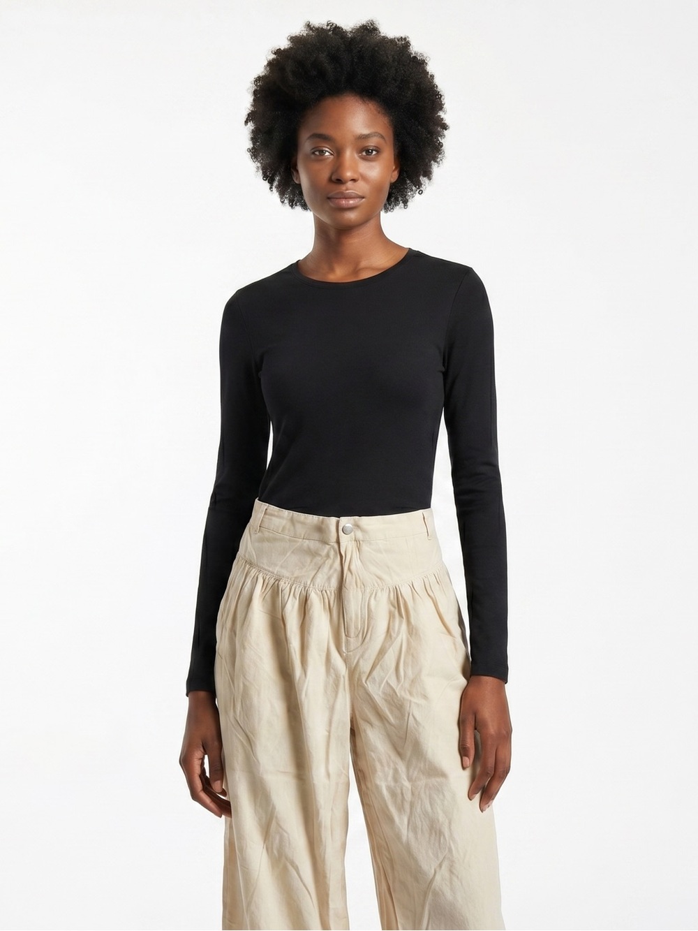 Wide-Leg High-Waist Cream Women's Pants, CLOTHES, Sz. L